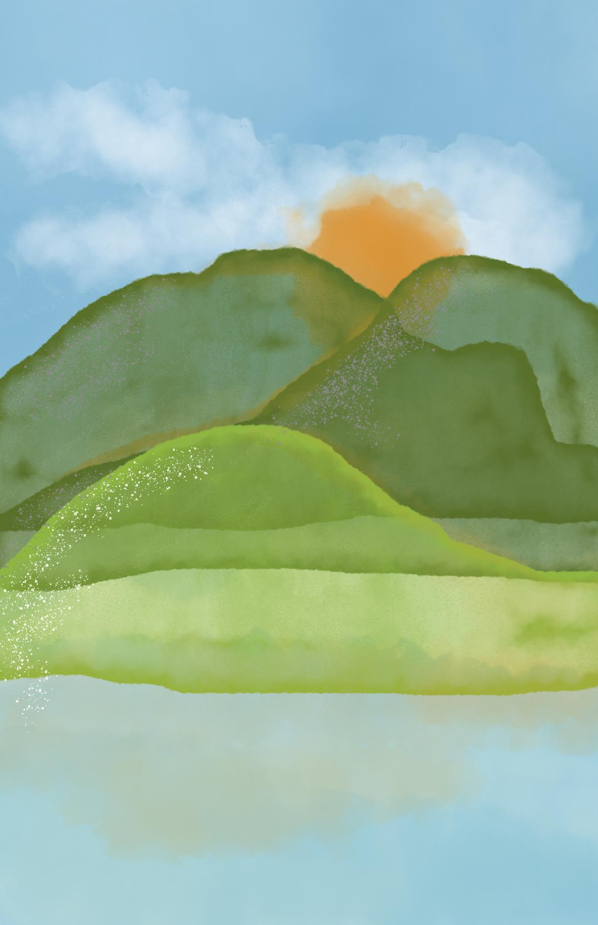 water colour style illustration of a mountain with a sunset